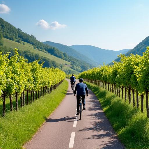 Fahrradfahrer auf dem Donauradweg im Frühling, mit Weinbergen im Hintergrund