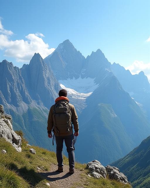 Foto eines Wanderers am Großglockner im Sommer, mit majestätischen Gipfeln im Hintergrund