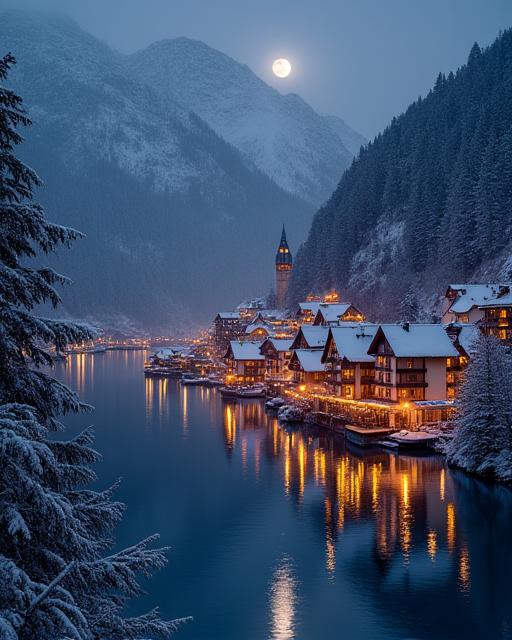 Foto von Hallstatt im Winter bei Nacht, beleuchtet und idyllisch