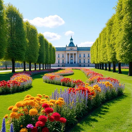 Foto eines blühenden Parks in Wien im Frühling, mit bunten Blumenbeeten und Schloss