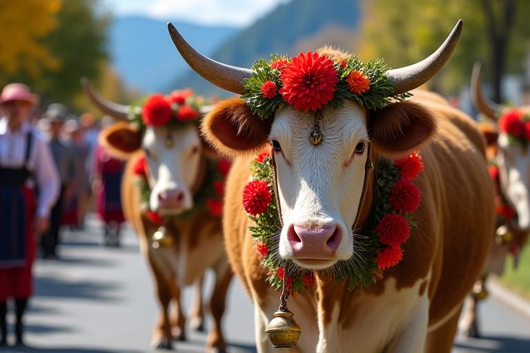 Geschmückte Kühe beim Almabtrieb