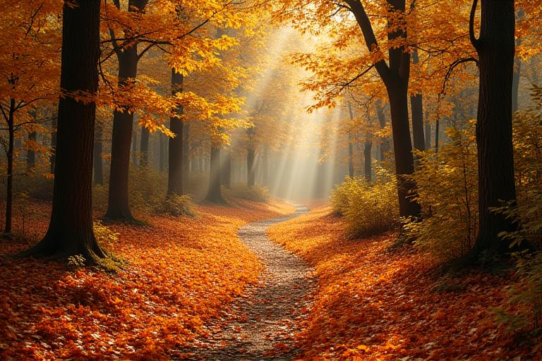 Herbstlicher Waldweg mit goldenem Laub